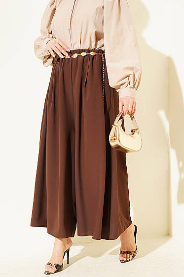 Oversize Paçalı Bel Lastikli Pantolon Kahve - Pantolon