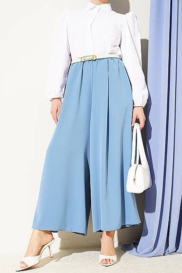 Oversize Paçalı Bel Lastikli Pantolon Mavi - Pantolon