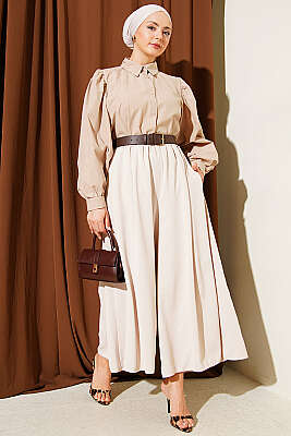 Oversize Paçalı Bel Lastikli Pantolon Taş - Pantolon