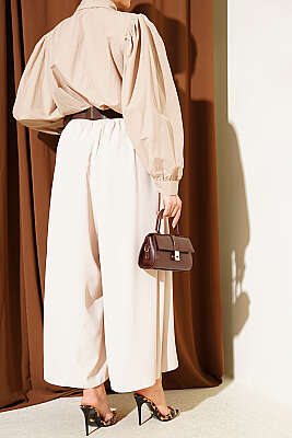 Oversize Paçalı Bel Lastikli Pantolon Taş - Pantolon