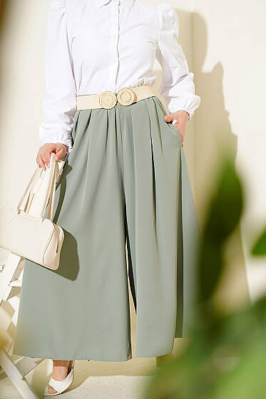 Oversize Paçalı Bel Lastikli Pantolon Yeşil - Pantolon