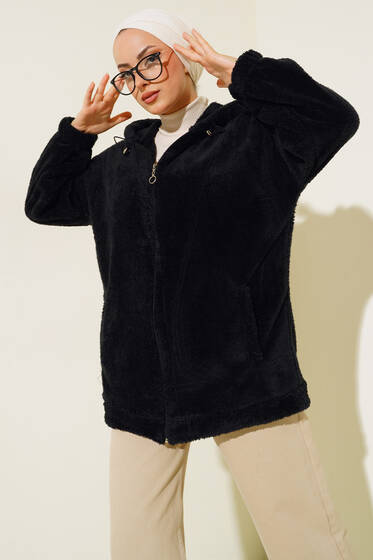 Oversize Peluş Hırka Siyah - Hırka