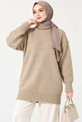 Oversize Ribanalı Triko Tunik Bej - Tunik