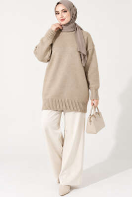 Oversize Ribanalı Triko Tunik Bej - Tunik