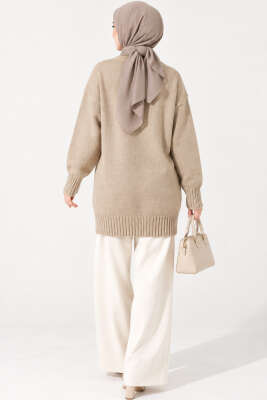 Oversize Ribanalı Triko Tunik Bej - Tunik