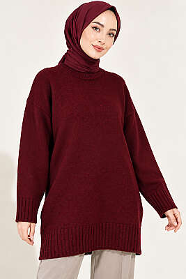 Oversize Ribanalı Triko Tunik Bordo - KILIÇ TRİKO