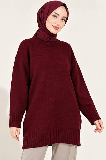 Oversize Ribanalı Triko Tunik Bordo - Tunik