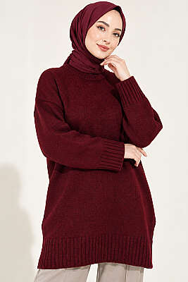 Oversize Ribanalı Triko Tunik Bordo - Tunik