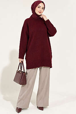 Oversize Ribanalı Triko Tunik Bordo - Tunik