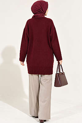 Oversize Ribanalı Triko Tunik Bordo - Tunik