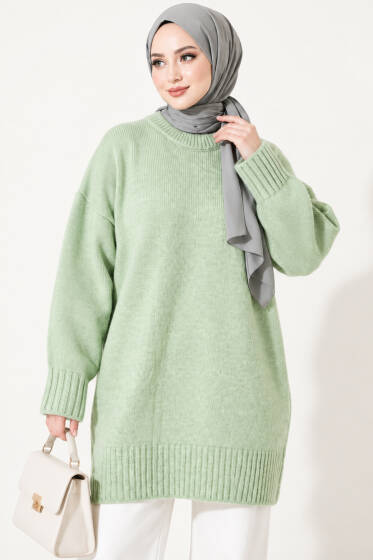 Oversize Ribanalı Triko Tunik Çağla Yeşili - Tunik