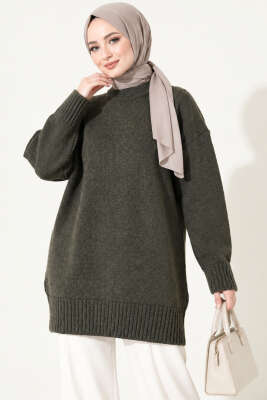 Oversize Ribanalı Triko Tunik Füme - KILIÇ TRİKO