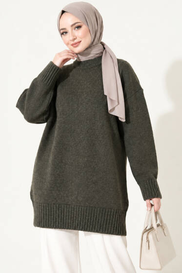 Oversize Ribanalı Triko Tunik Füme - Tunik