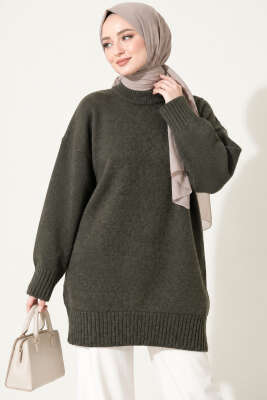 Oversize Ribanalı Triko Tunik Füme - Tunik
