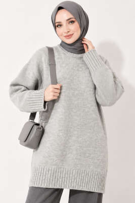 Oversize Ribanalı Triko Tunik Gri - KILIÇ TRİKO