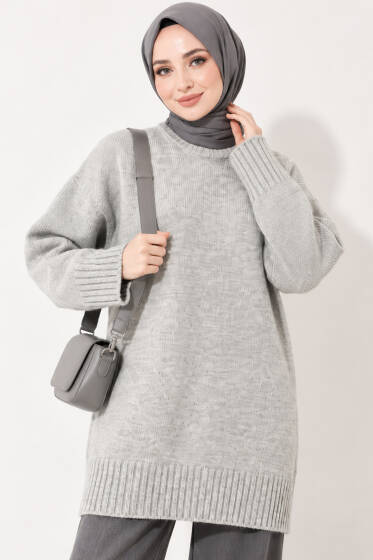Oversize Ribanalı Triko Tunik Gri - Tunik