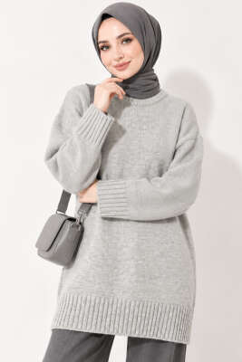 Oversize Ribanalı Triko Tunik Gri - Tunik