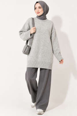 Oversize Ribanalı Triko Tunik Gri - Tunik
