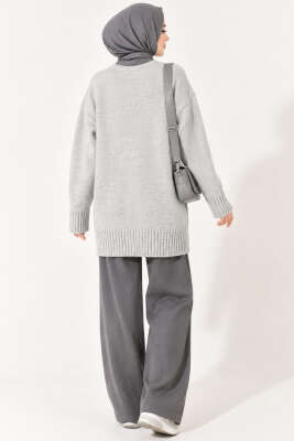Oversize Ribanalı Triko Tunik Gri - Tunik