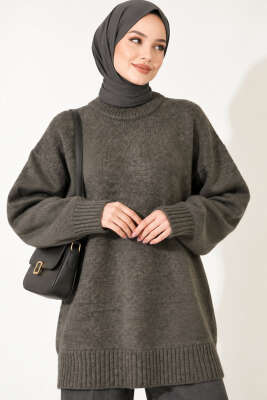 Oversize Ribanalı Triko Tunik Haki 