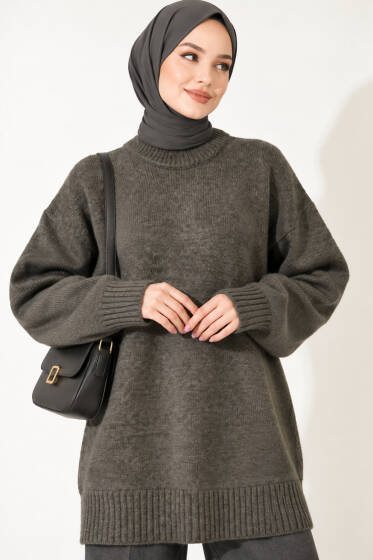 Oversize Ribanalı Triko Tunik Haki - Tunik