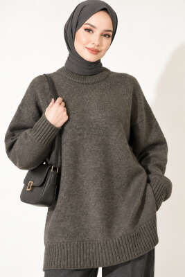 Oversize Ribanalı Triko Tunik Haki - Tunik