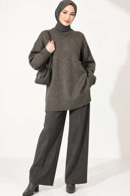 Oversize Ribanalı Triko Tunik Haki - Tunik
