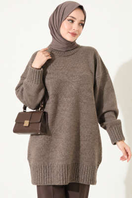 Oversize Ribanalı Triko Tunik Kahve - KILIÇ TRİKO