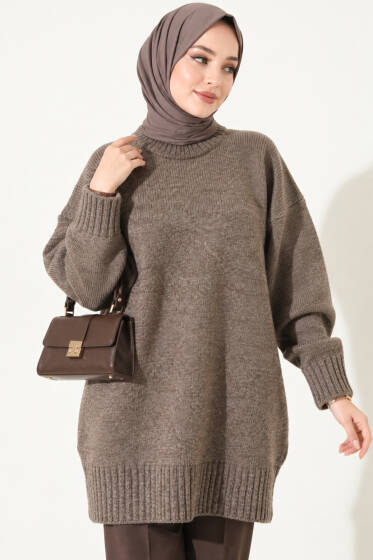 Oversize Ribanalı Triko Tunik Kahve - Tunik