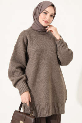 Oversize Ribanalı Triko Tunik Kahve - Tunik