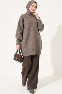 Oversize Ribanalı Triko Tunik Kahve - Tunik