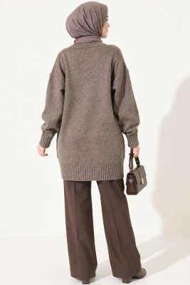 Oversize Ribanalı Triko Tunik Kahve - Tunik