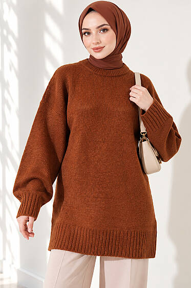 Oversize Ribanalı Triko Tunik Karamel - Tunik