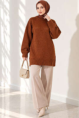 Oversize Ribanalı Triko Tunik Karamel - Tunik
