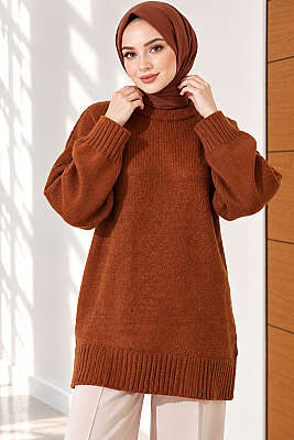 Oversize Ribanalı Triko Tunik Karamel - Tunik