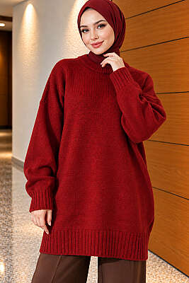 Oversize Ribanalı Triko Tunik Kiremit 
