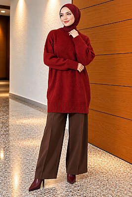 Oversize Ribanalı Triko Tunik Kiremit - Tunik