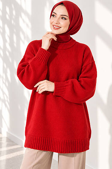 Oversize Ribanalı Triko Tunik Kırmızı - Tunik