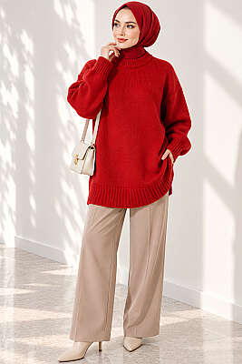 Oversize Ribanalı Triko Tunik Kırmızı - Tunik