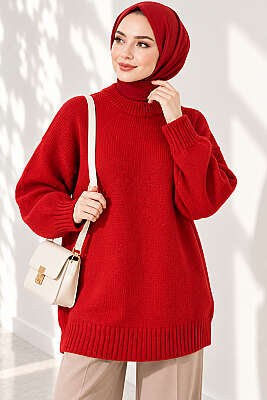 Oversize Ribanalı Triko Tunik Kırmızı - Tunik