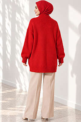 Oversize Ribanalı Triko Tunik Kırmızı - Tunik