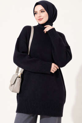 Oversize Ribanalı Triko Tunik Lacivert - Tunik