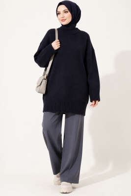 Oversize Ribanalı Triko Tunik Lacivert - Tunik