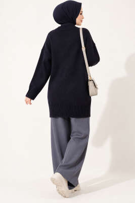 Oversize Ribanalı Triko Tunik Lacivert - Tunik