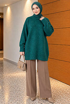 Oversize Ribanalı Triko Tunik Nefti - Tunik