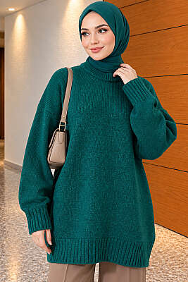 Oversize Ribanalı Triko Tunik Nefti - Tunik