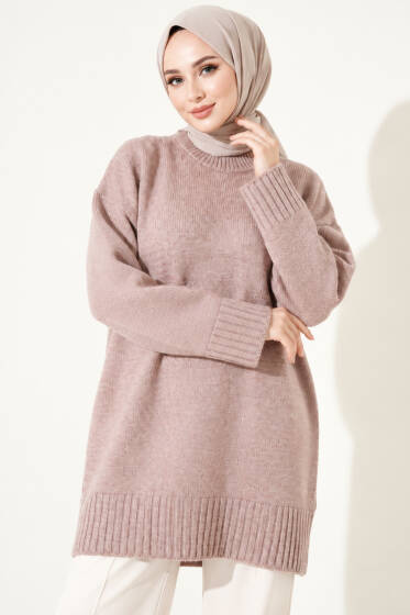 Oversize Ribanalı Triko Tunik Pudra - Tunik