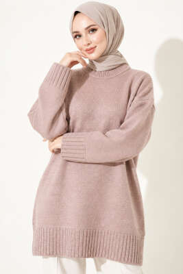 Oversize Ribanalı Triko Tunik Pudra - Tunik