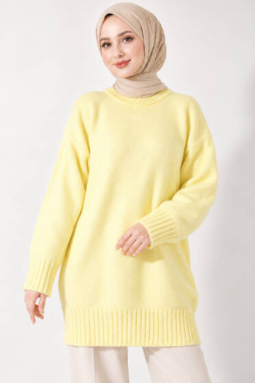 Oversize Ribanalı Triko Tunik Sarı - Tunik