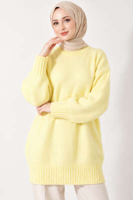 Oversize Ribanalı Triko Tunik Sarı - Tunik